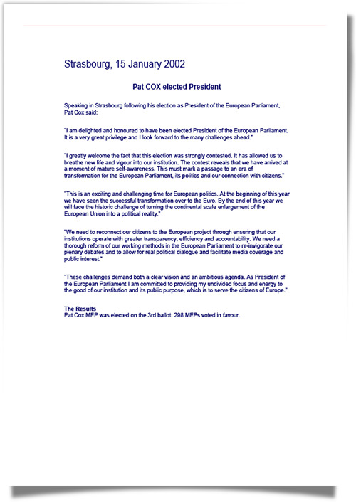 Pat Cox press release - election as EP President