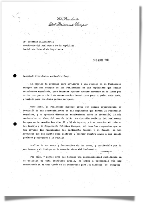A letter to Slobodan Gligorijevic from Enrique Barón Crespo 