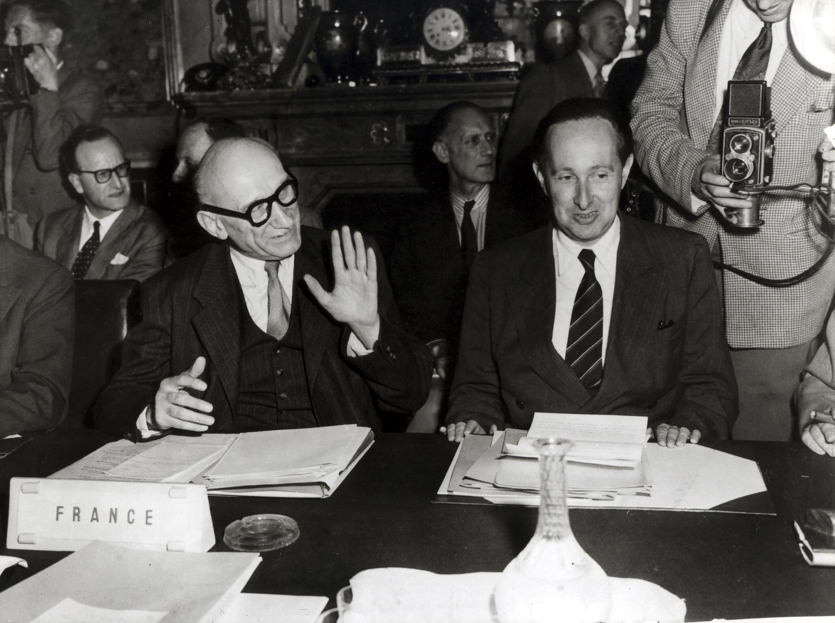 Robert Schuman sits in the Salon de l'Horloge in 1950