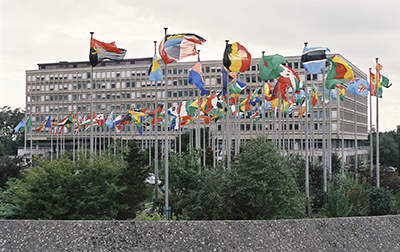 Flags in Front of Schuman Building in Luxembourg
