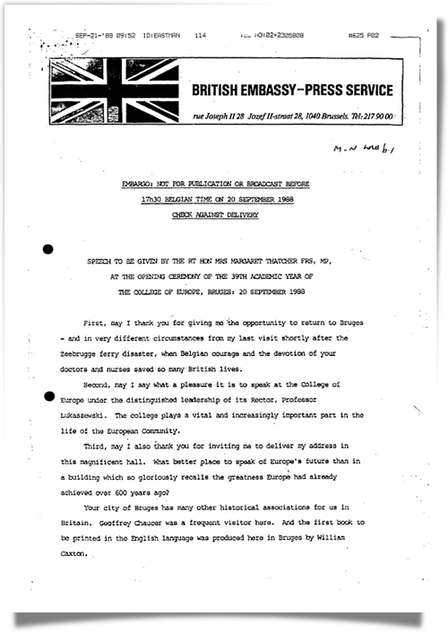 Speech to be given by Margaret Thatcher, 1988